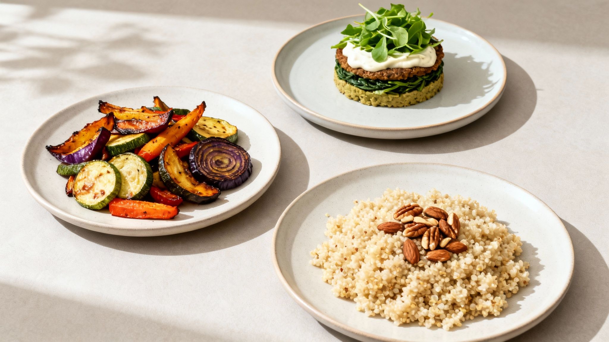 Three plates of healthy food: roasted vegetables, a layered plant-based meal, and quinoa with nuts.