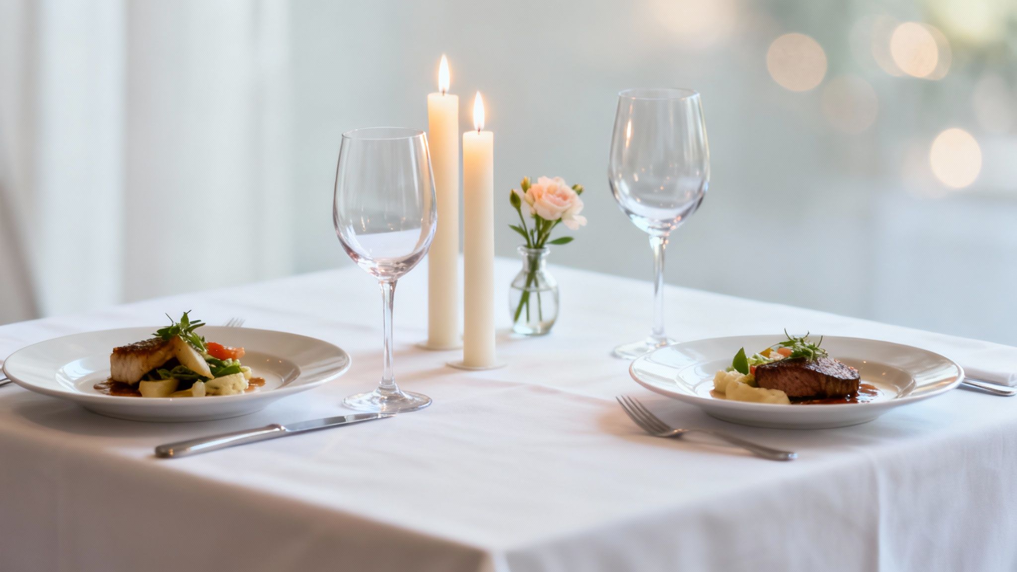 A romantic dinner table set with two gourmet dishes, wine glasses, lit candles, and a flower.
