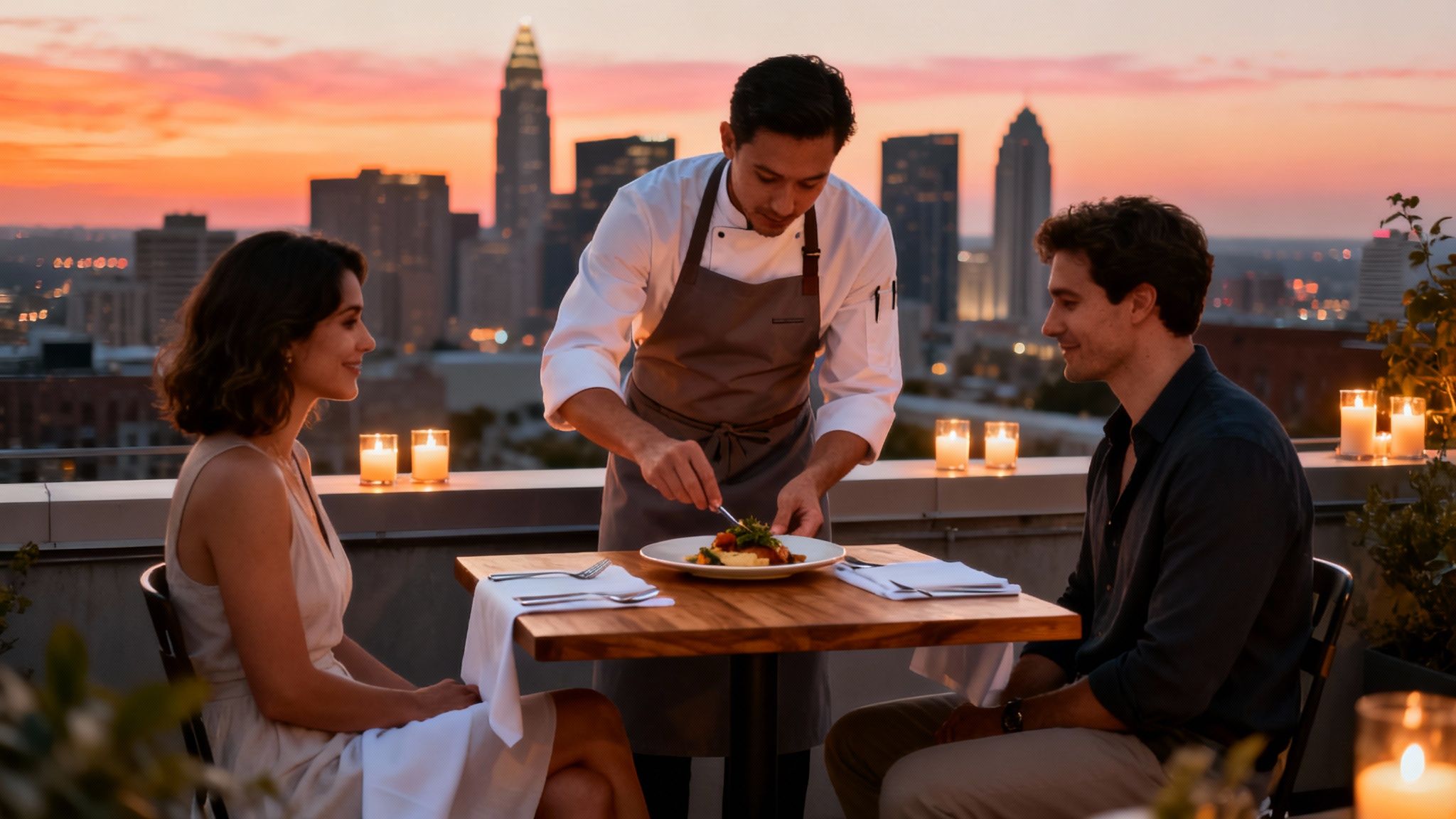 A private chef serves a romantic dinner to a couple on a city rooftop at sunset.