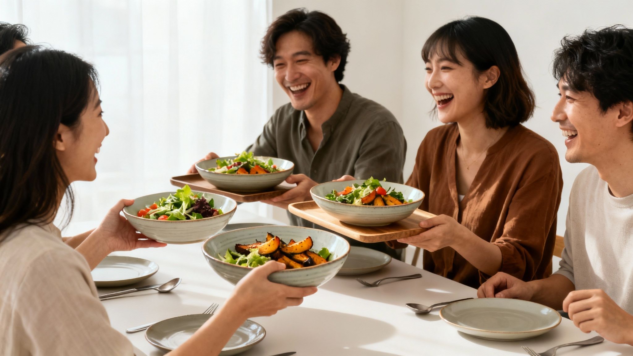 Four happy friends sharing a family-style meal, passing salad and roasted vegetables.