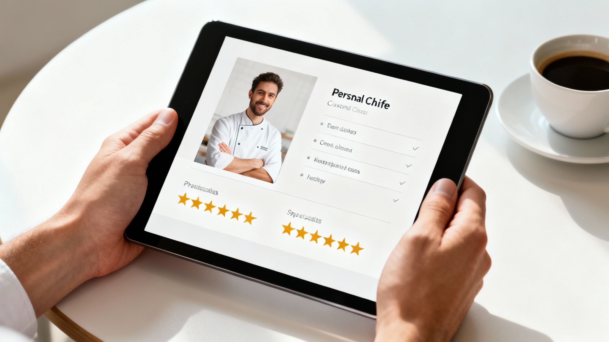 Hands hold a tablet displaying a personal chef's profile with a photo, services, and star ratings.