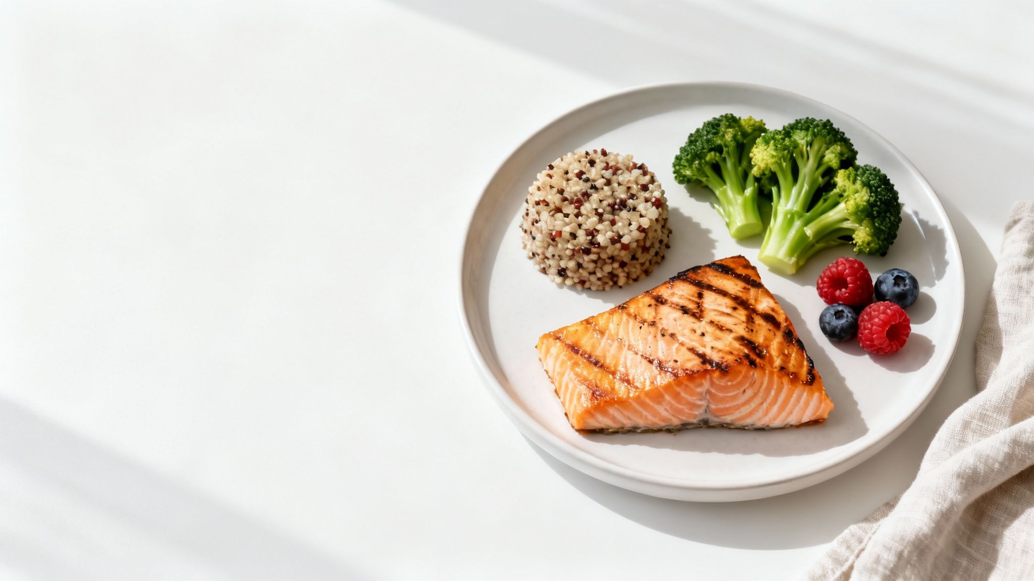 A vibrant assortment of fresh vegetables, fruits, and lean proteins arranged neatly on a wooden kitchen counter.