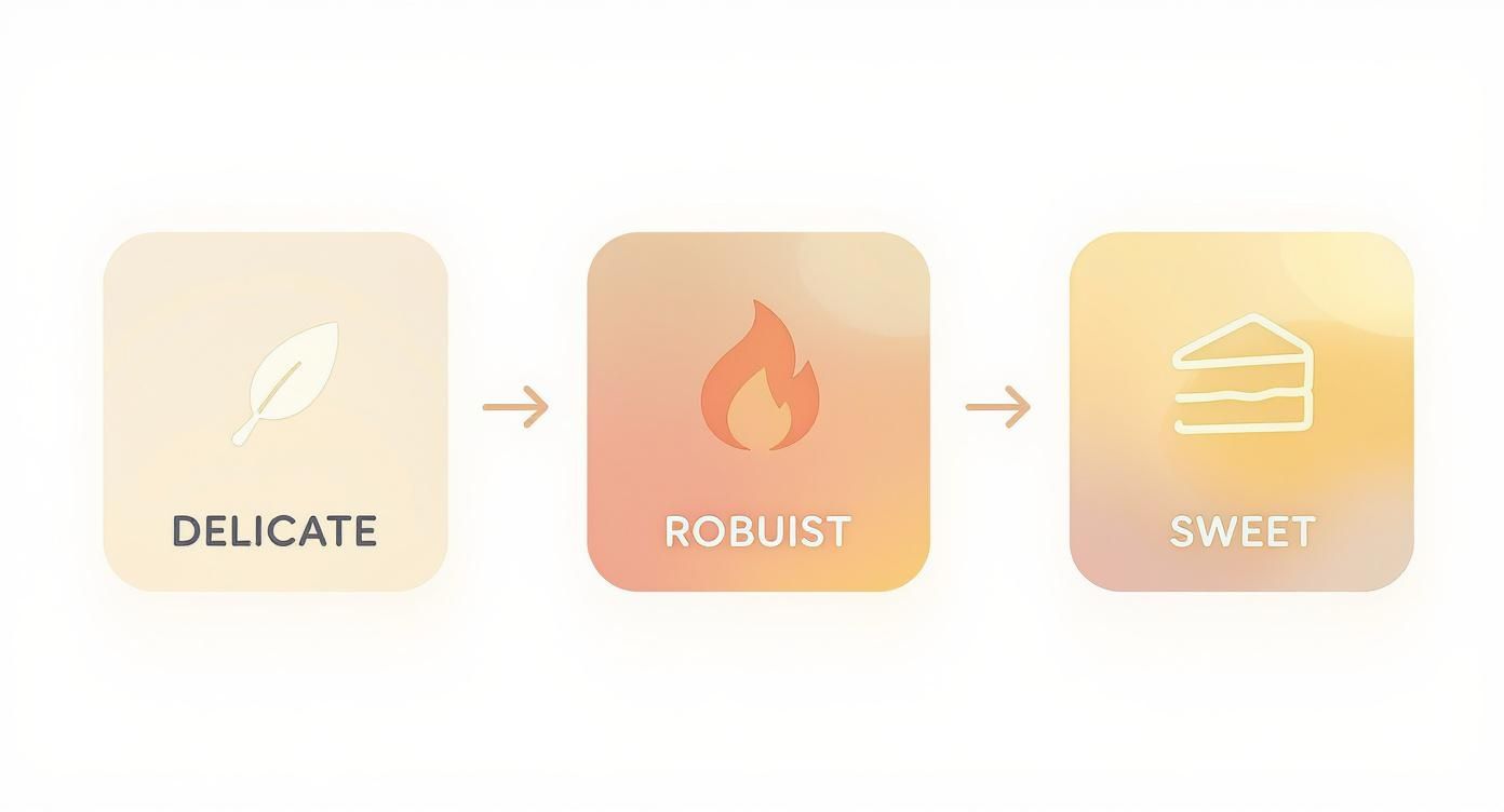 A visual representation of a process showing progression from delicate (leaf) to robust (flame) to sweet (cake slice).