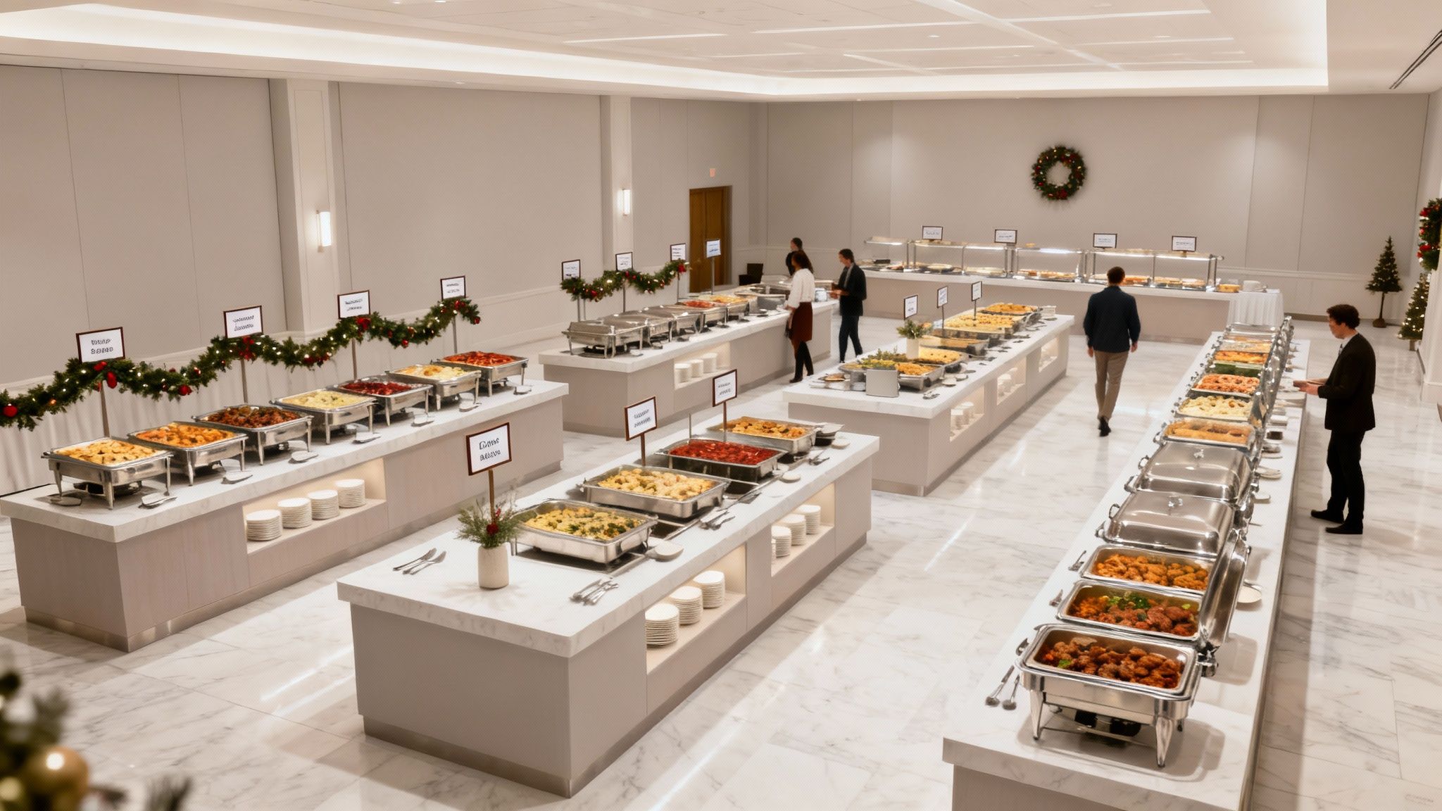 Elegant buffet setup with multiple food stations decorated with festive garland for corporate holiday event