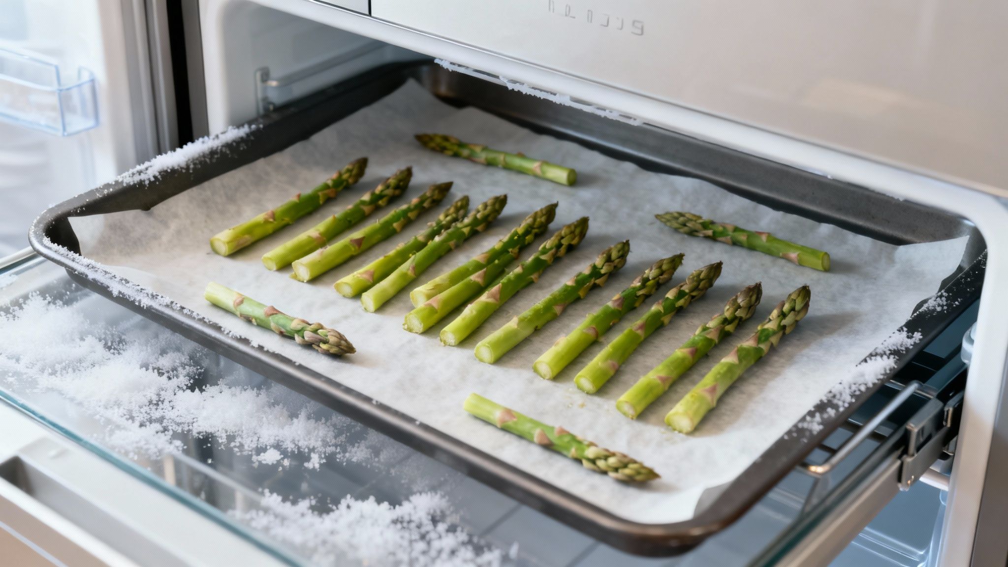 A baking sheet lined with parchment paper, with blancihed asparagus spears spread out in a single layer, ready for flash freezing.