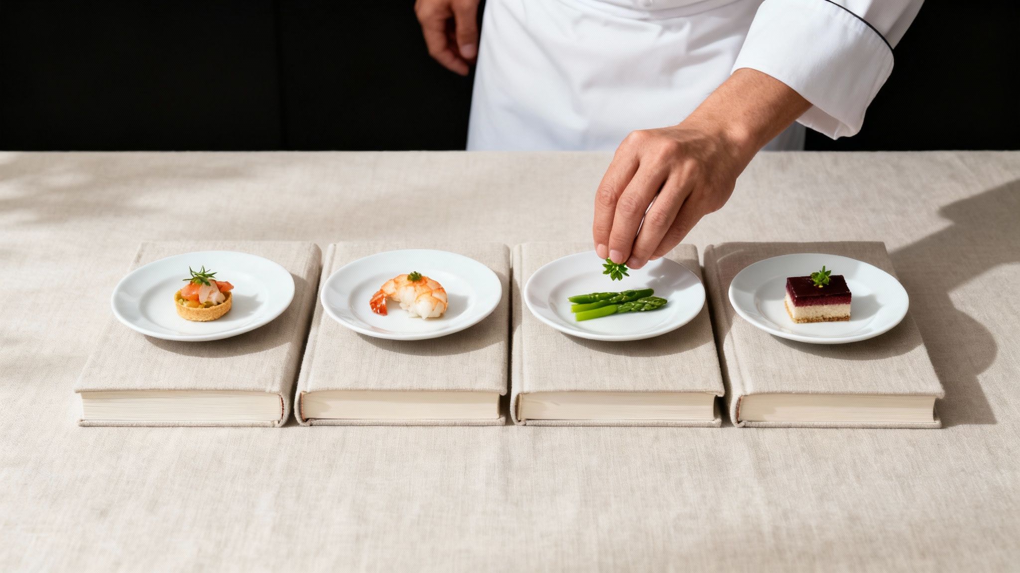 A chef carefully garnishing a plate of asparagus next to other small tasting menu dishes.