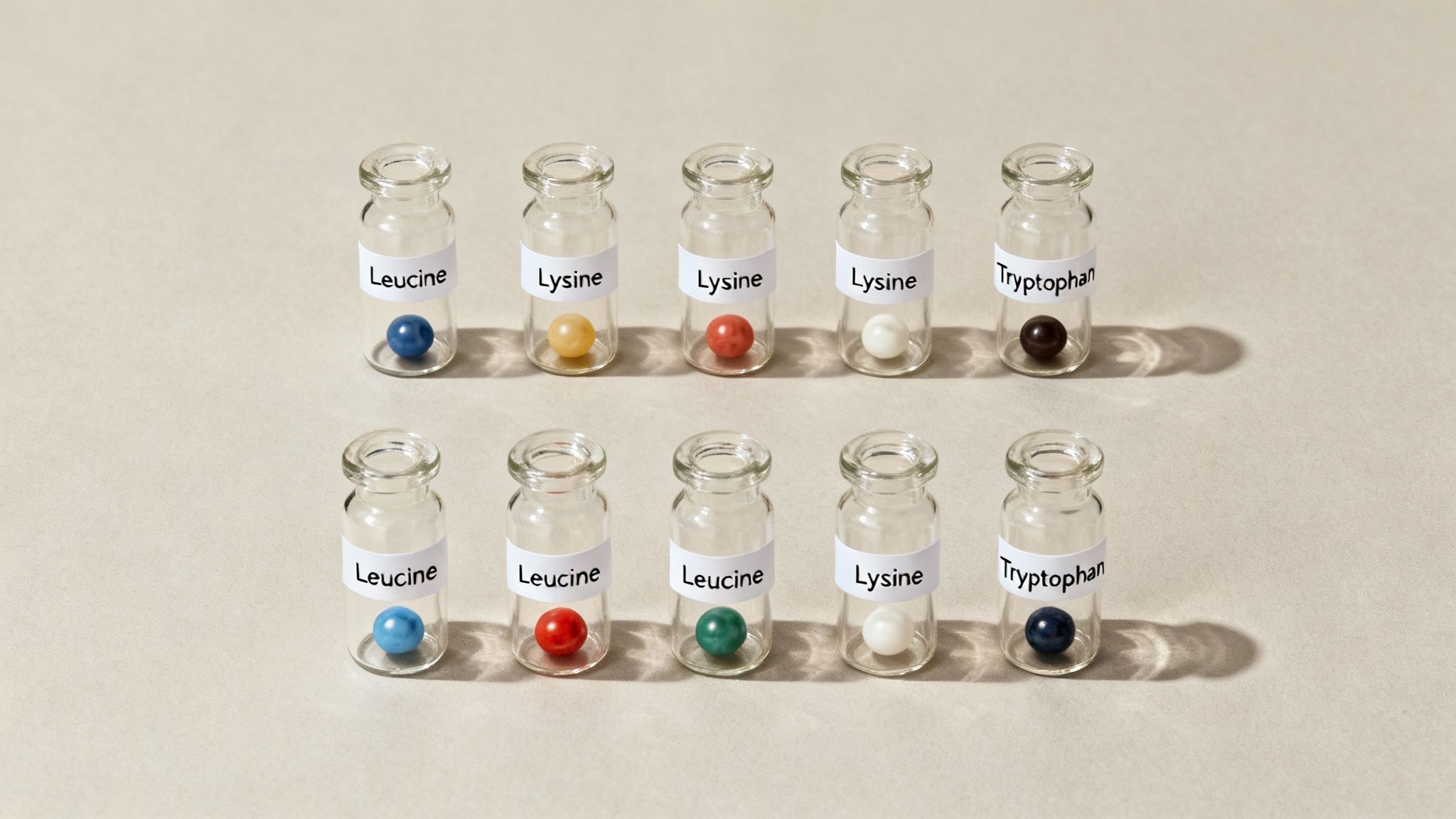 Colorful diagram showing the nine essential amino acids with simple icons representing their functions.