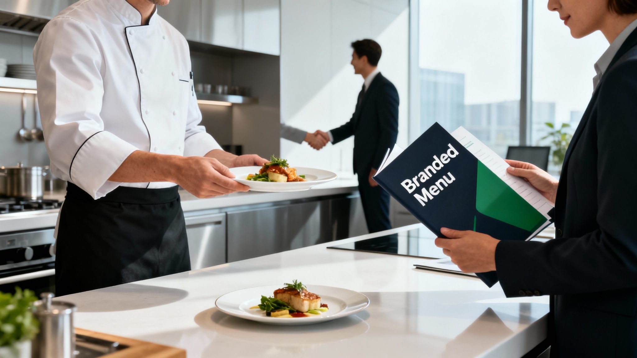 A chef serves a gourmet meal in a corporate kitchen setting, while a businesswoman reviews a branded menu.