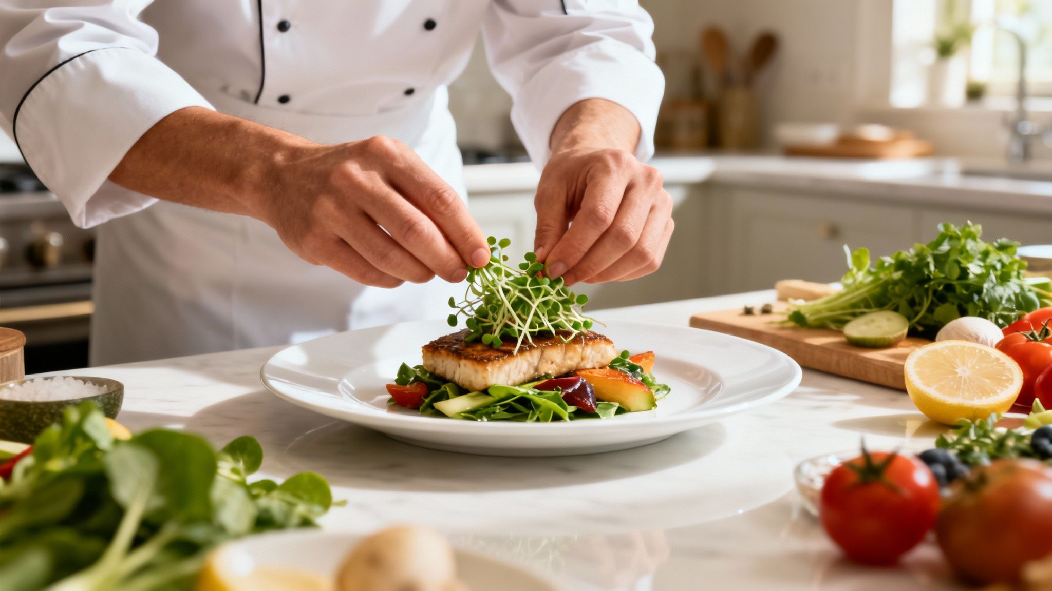 A chef in a white uniform carefully garnishes a healthy, ready-made fish meal with fresh microgreens in a modern kitchen.