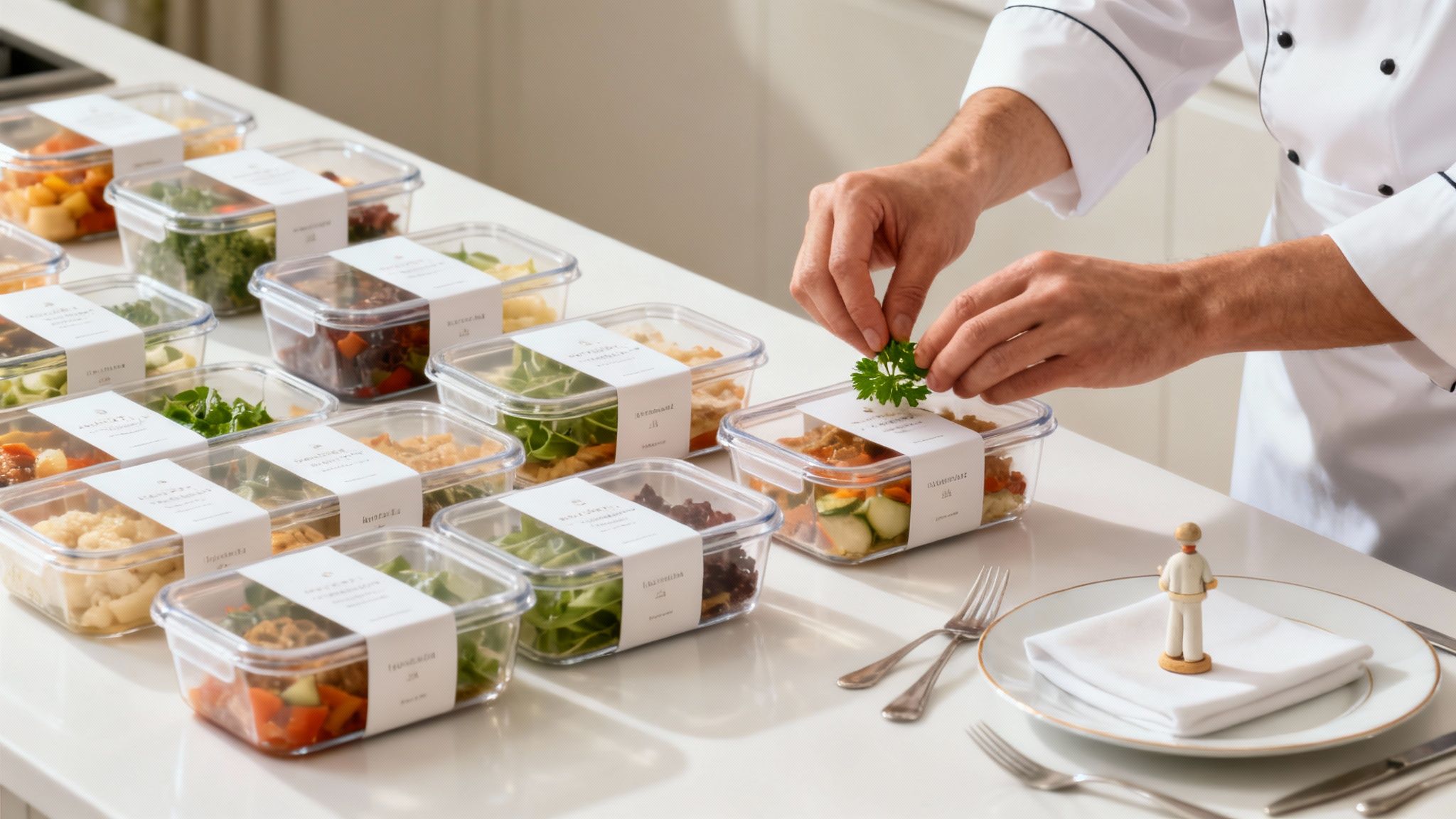 A personal chef garnishes various pre-packaged healthy meals in clear containers on a white counter.