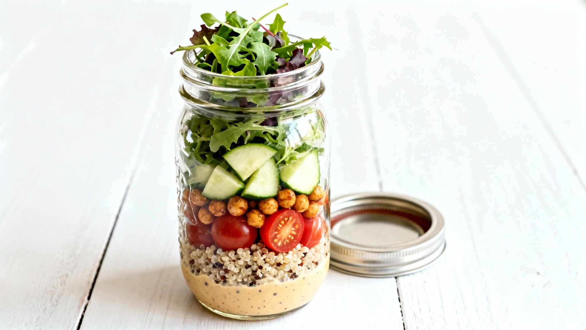 Mason jar salad with layered quinoa, chickpeas, tomatoes, cucumber, and mixed greens on white table