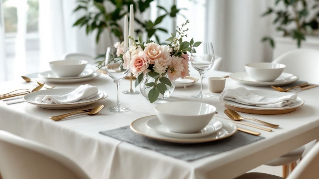A smiling host greets guests at the door for a dinner party.