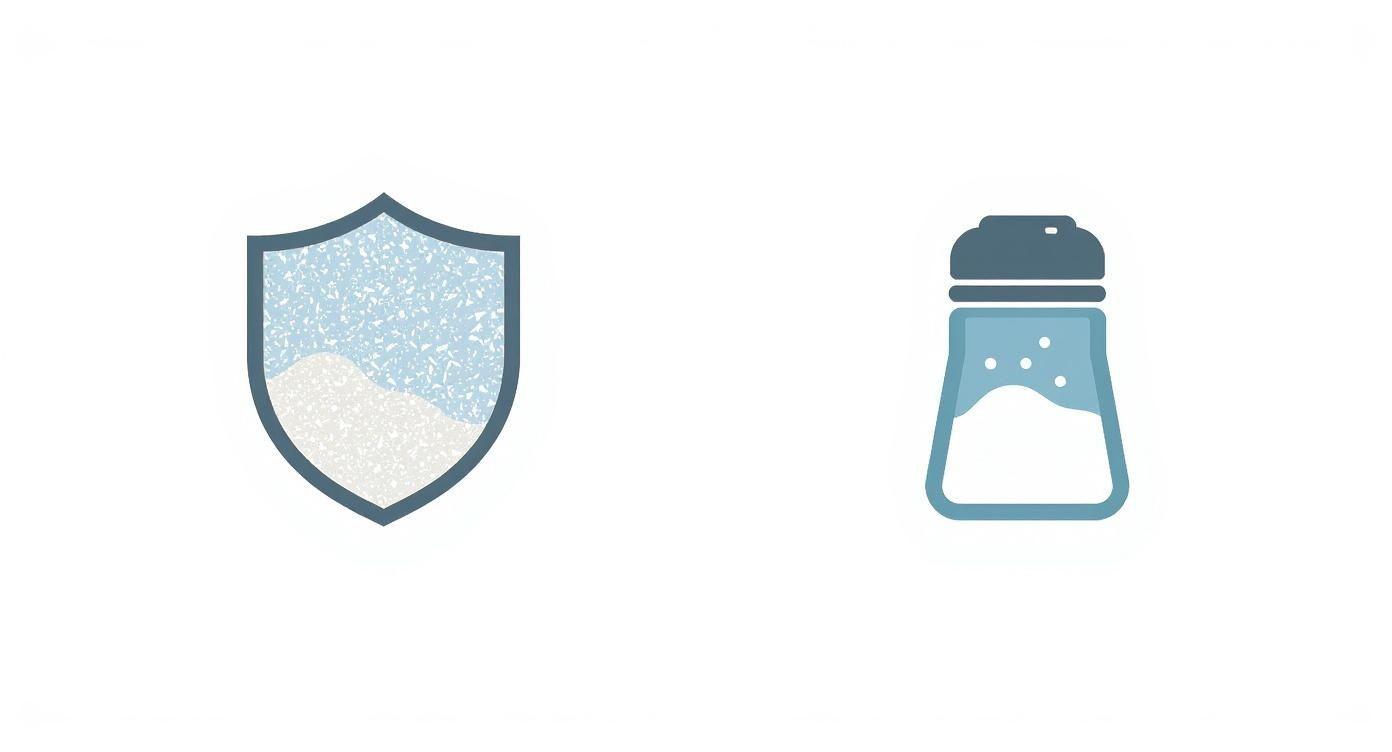 Icons representing a shield with salt and a salt shaker, symbolizing low sodium or salt reduction.