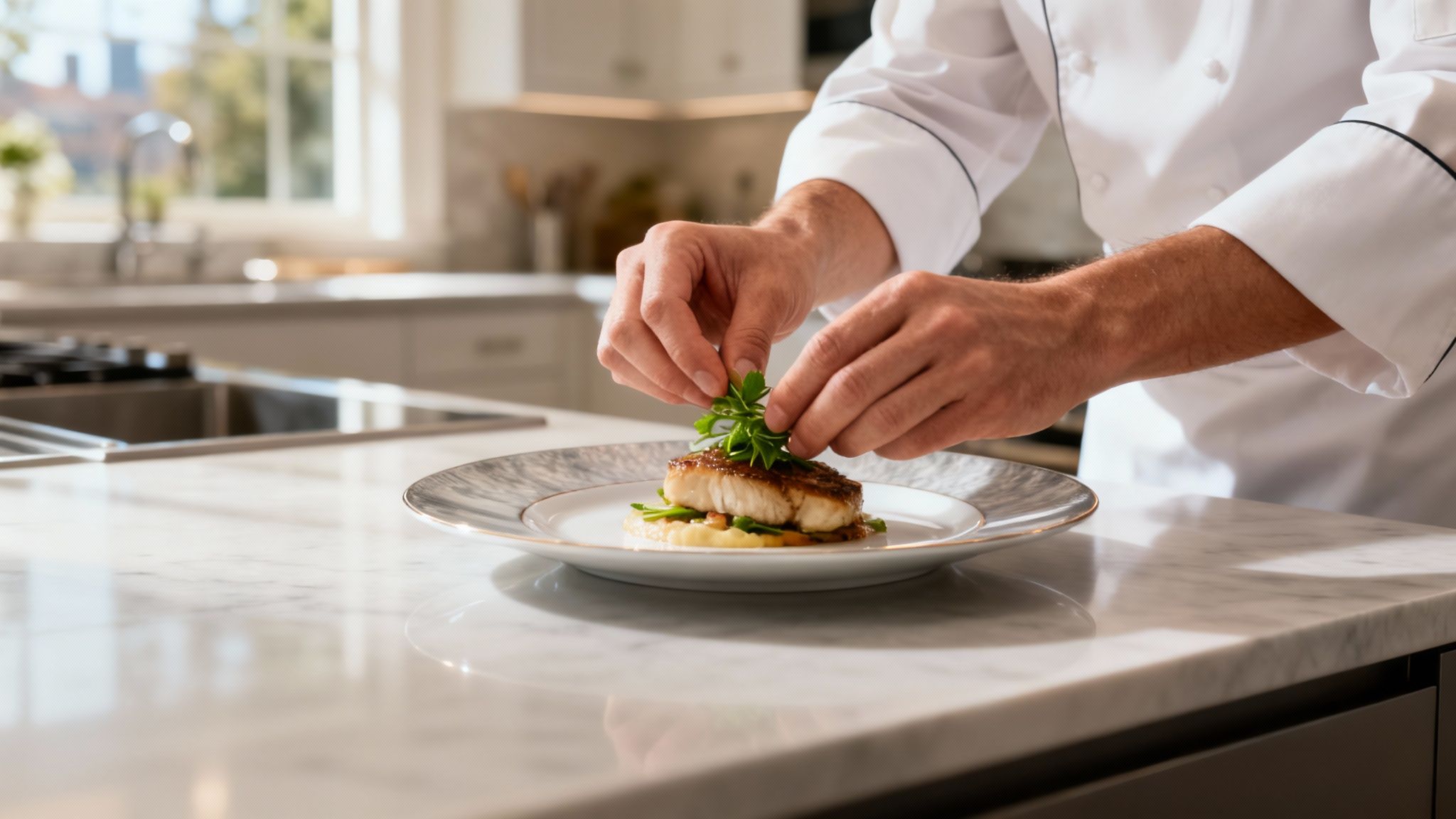A chef meticulously garnishes a pan-seared fish dish with fresh green herbs on a marble counter.