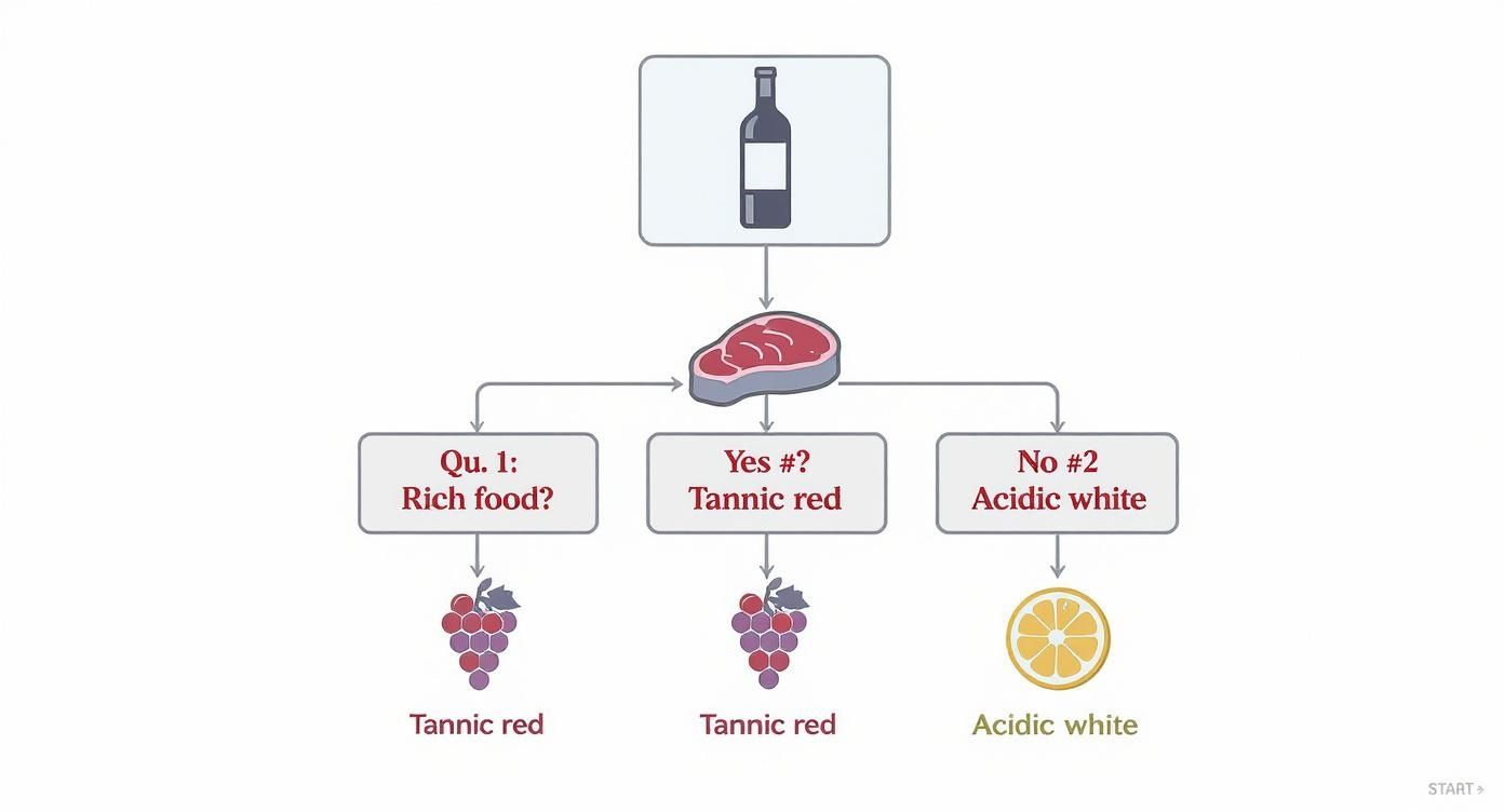 A flowchart demonstrating how to pair wine with food, suggesting tannic red for rich foods and acidic white for others.