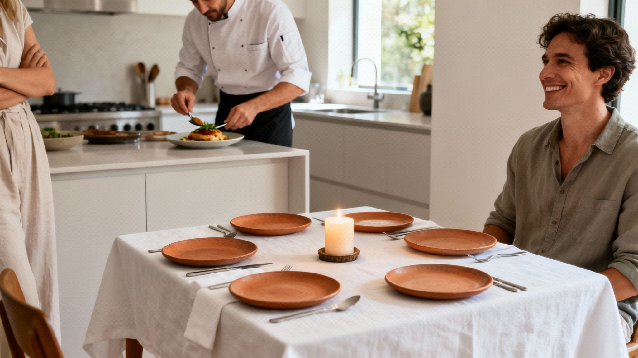 A private chef plates a dish for guests at a modern kitchen island, while a man smiles at a candlelit dining table.