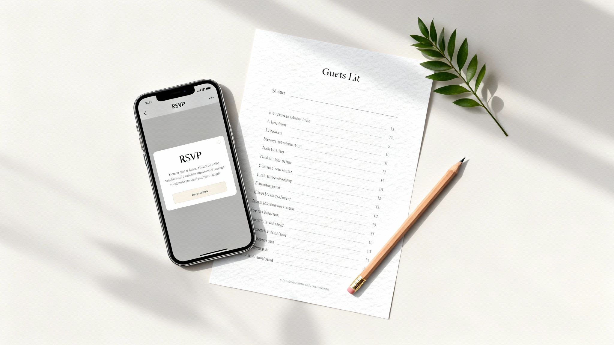 Overhead view of an iPhone displaying an RSVP form, a guest list, pencil, and a green leaf.