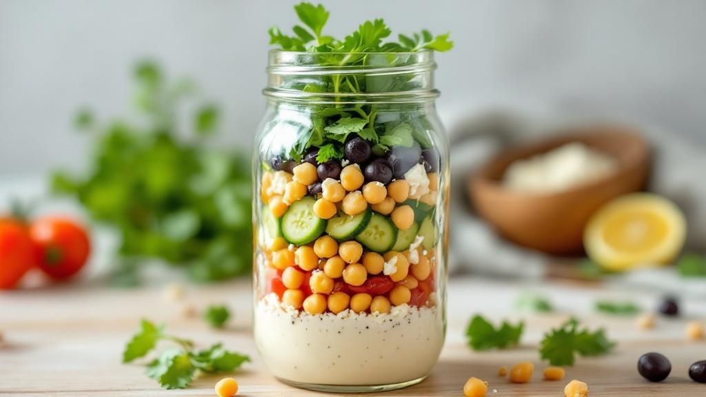 Mason jar salad layered with chickpeas, cucumbers, black beans, and fresh herbs, showcasing a healthy meal prep option for busy professionals.