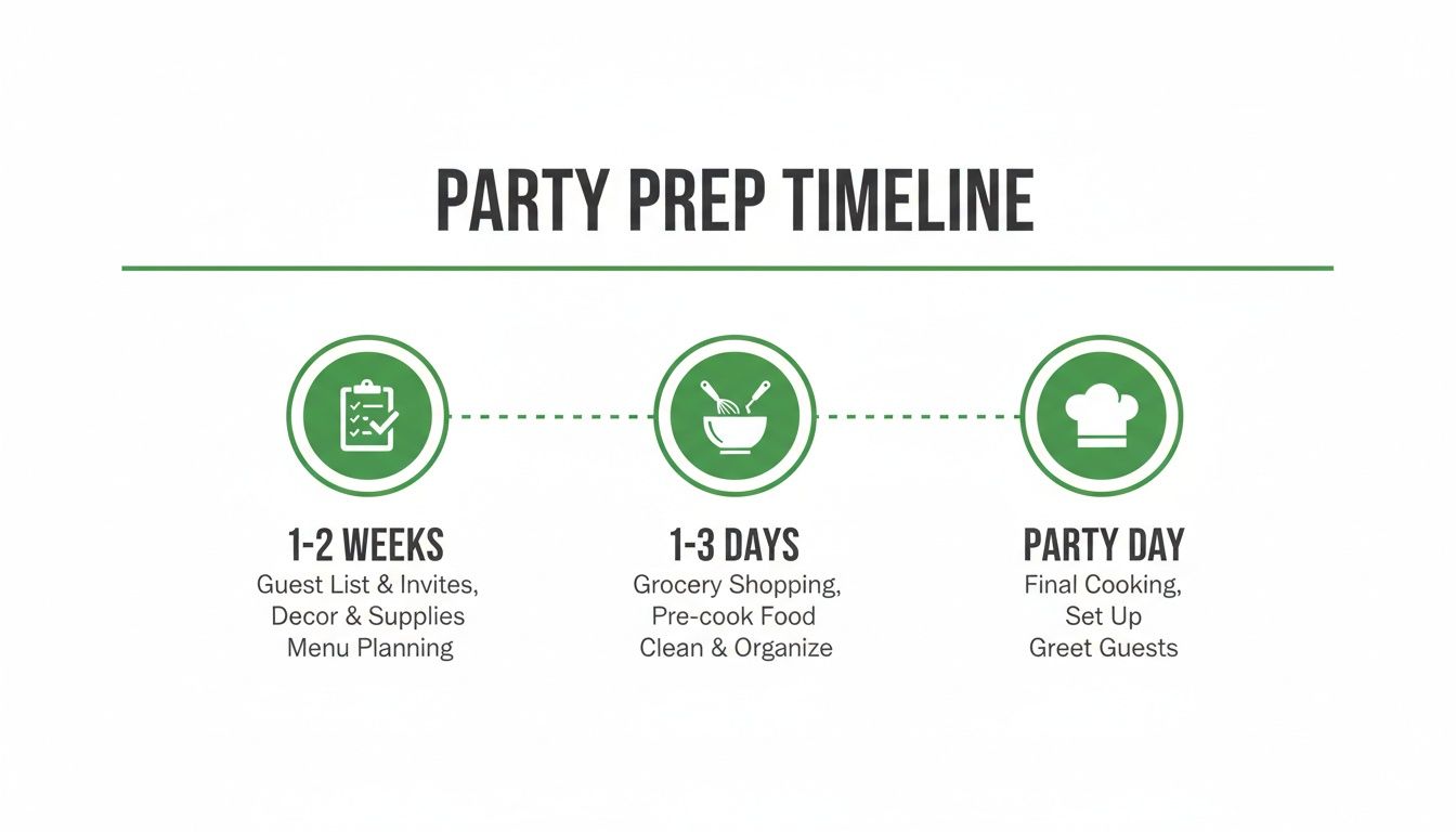 A party preparation timeline showing three key stages: 1-2 weeks, 1-3 days, and party day.