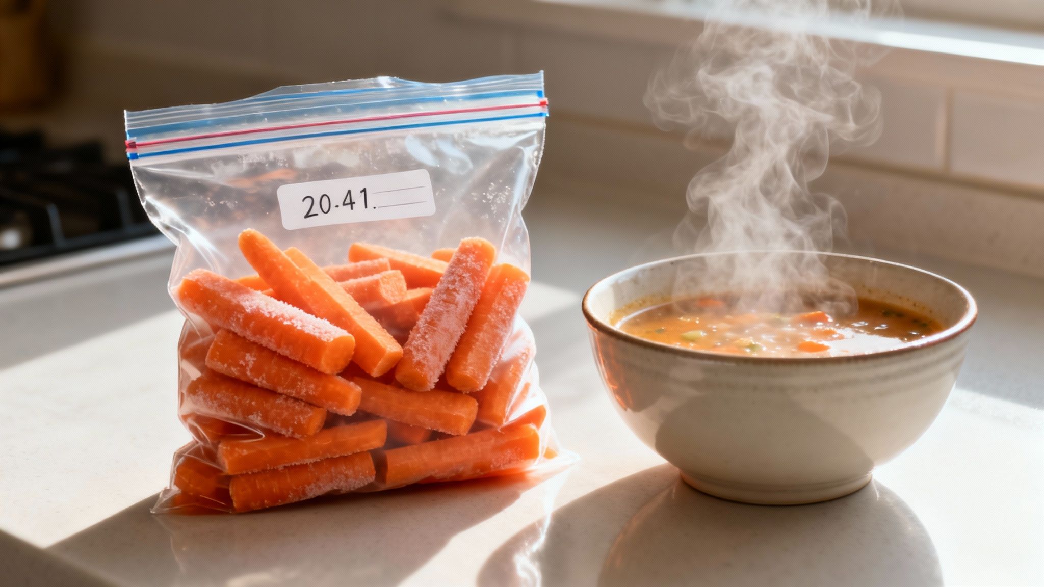 Bags of frozen carrots ready for long-term storage