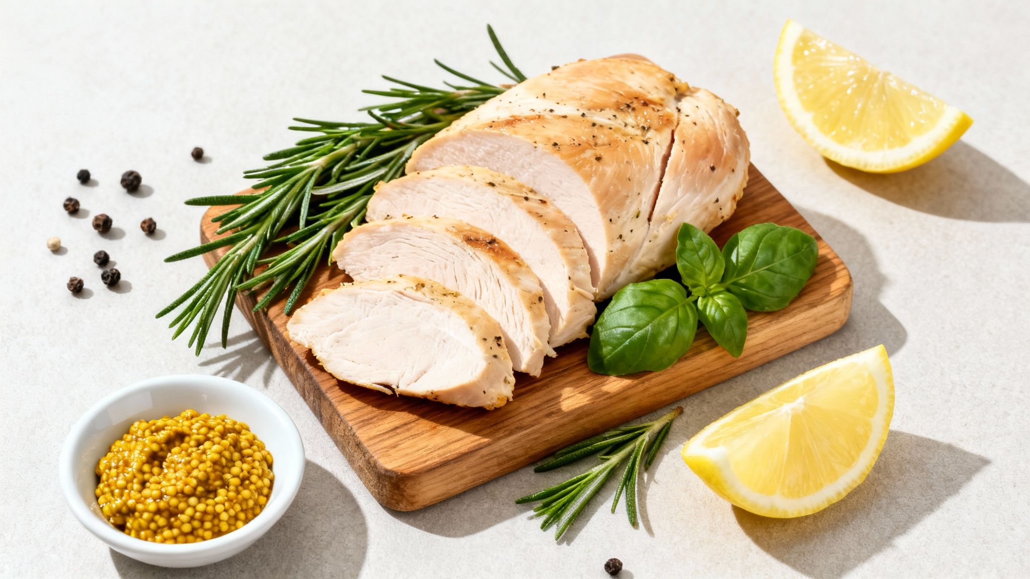 Sliced cooked chicken breast with rosemary, basil, lemon, and whole grain mustard on a wooden board.
