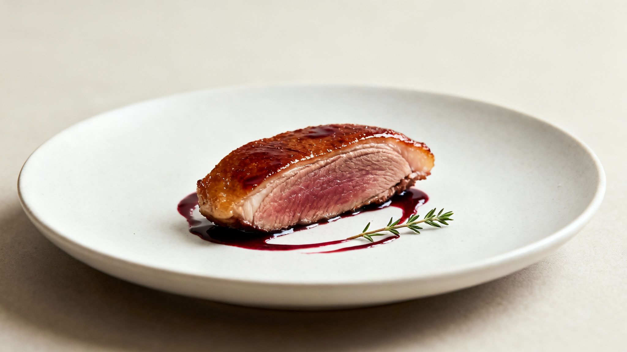 Perfectly seared duck breast with crispy skin, red sauce, and thyme on a white plate.