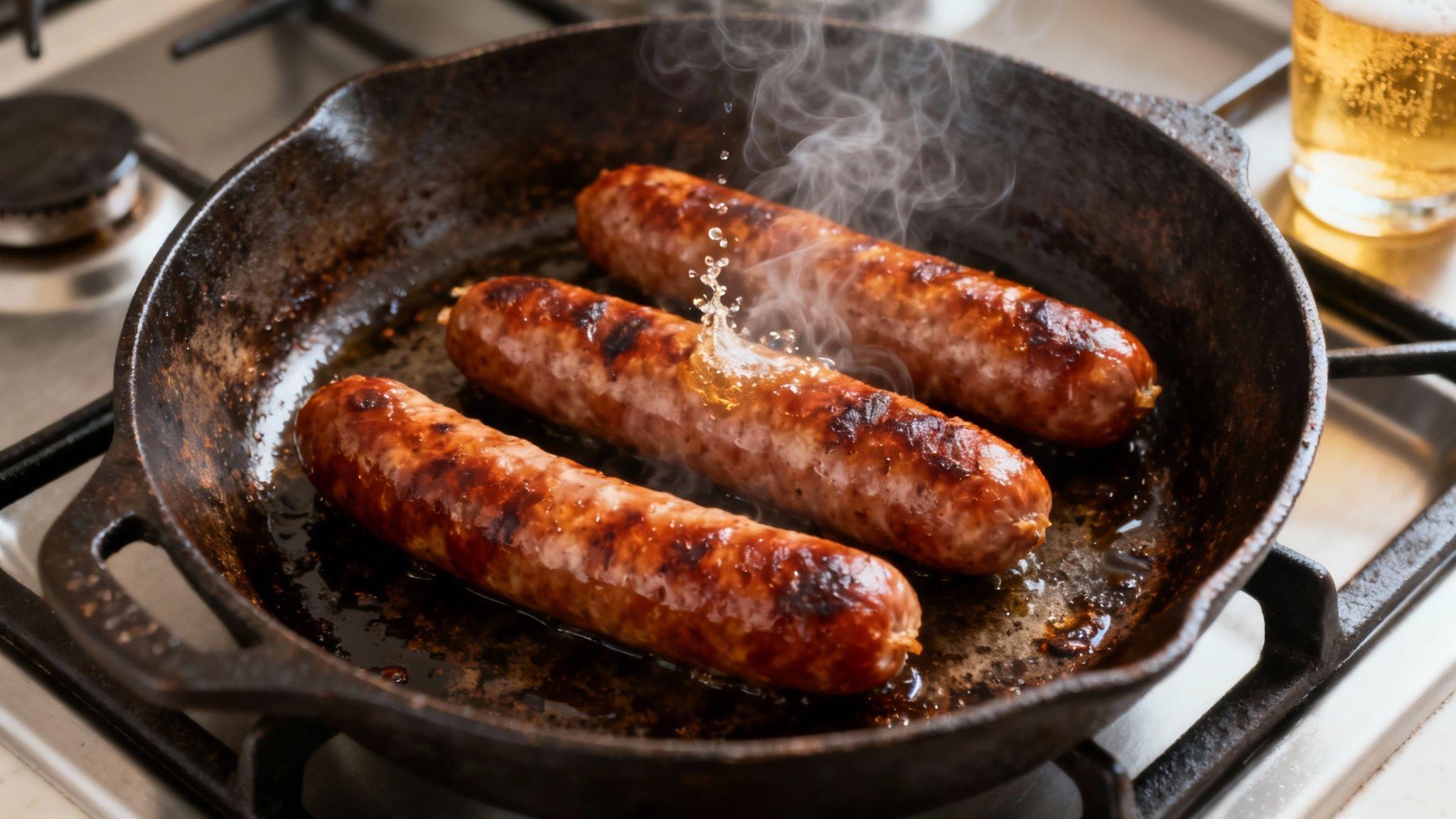 Smoked sausage being pan-fried in a cast-iron skillet