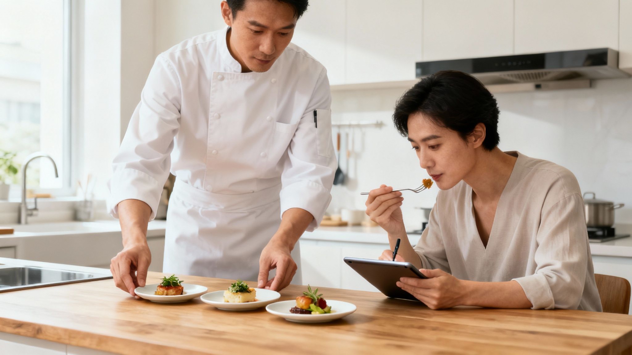 A chef and a client discussing a menu in a bright, modern kitchen during the consultation process for an Atlanta personal chef service.