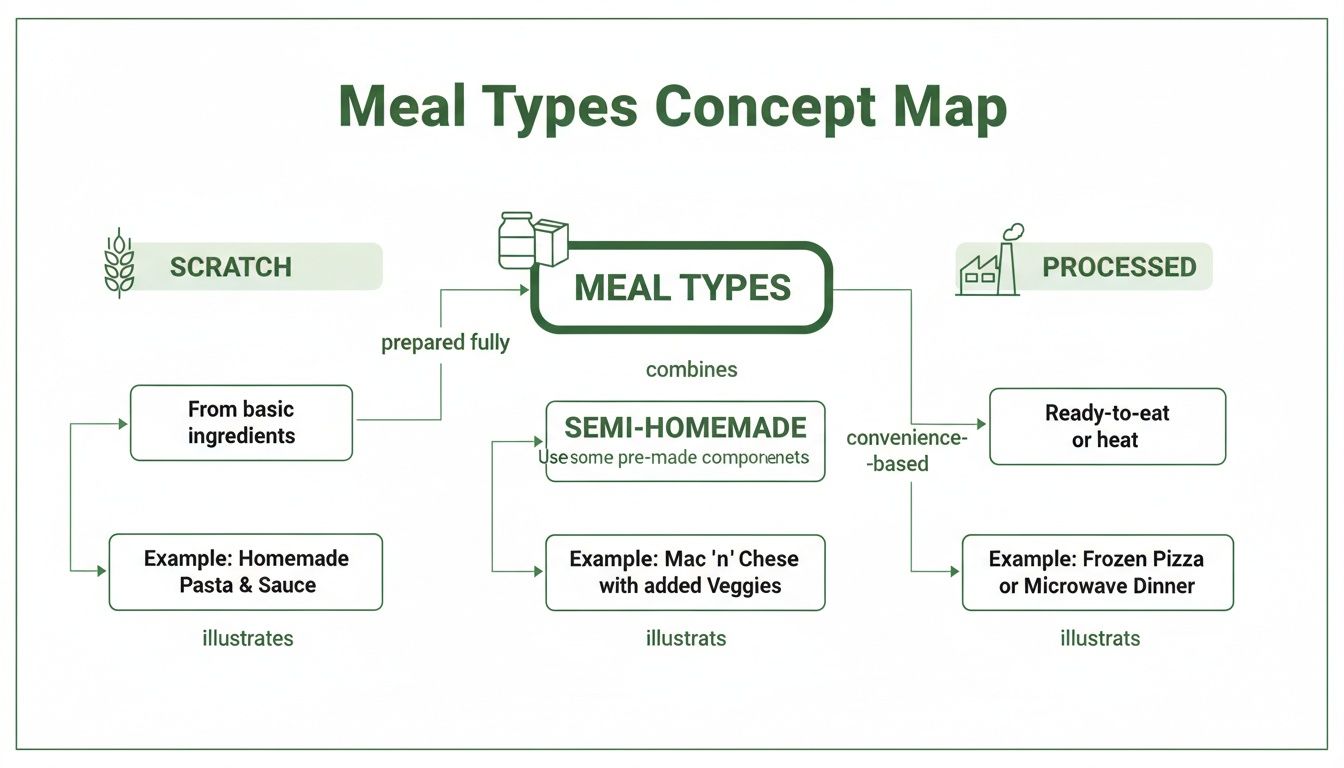 A concept map illustrating three meal types: Scratch, Semi-Homemade, and Processed, with definitions and examples.