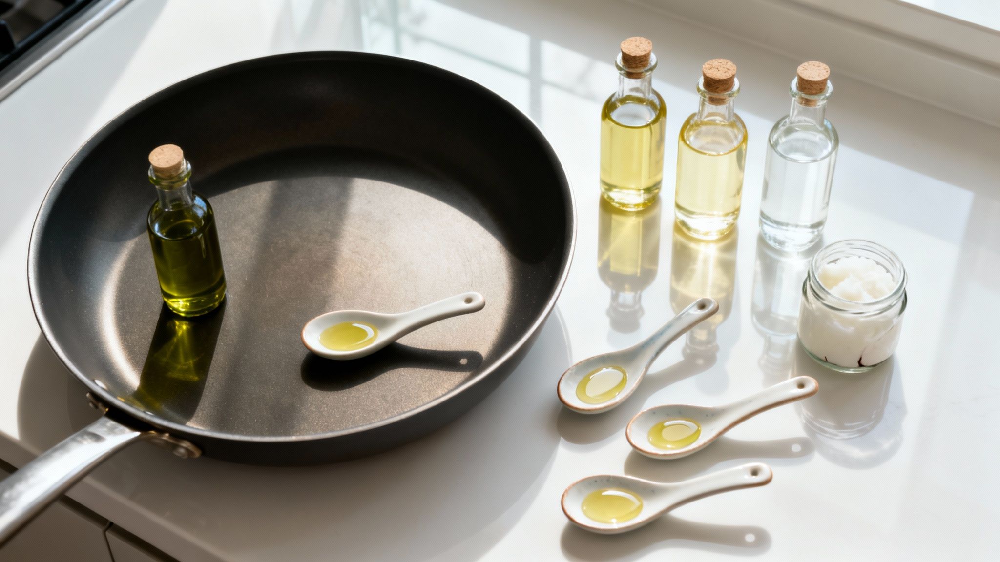 Bottles of cooking oils, solid fat in a jar, and spoons with oil near a frying pan.