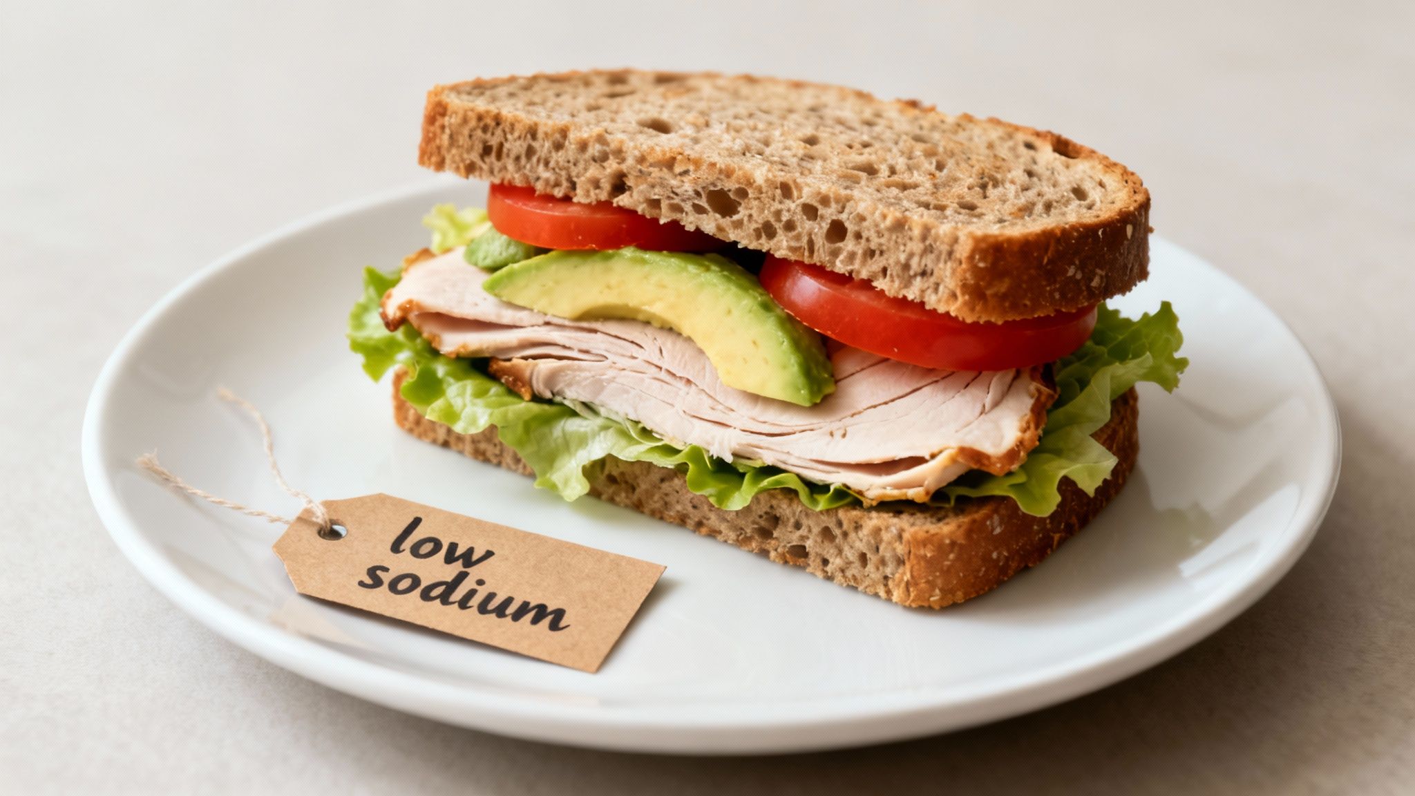 A healthy, low-sodium turkey and avocado sandwich on whole-wheat bread with a 'low sodium' tag.