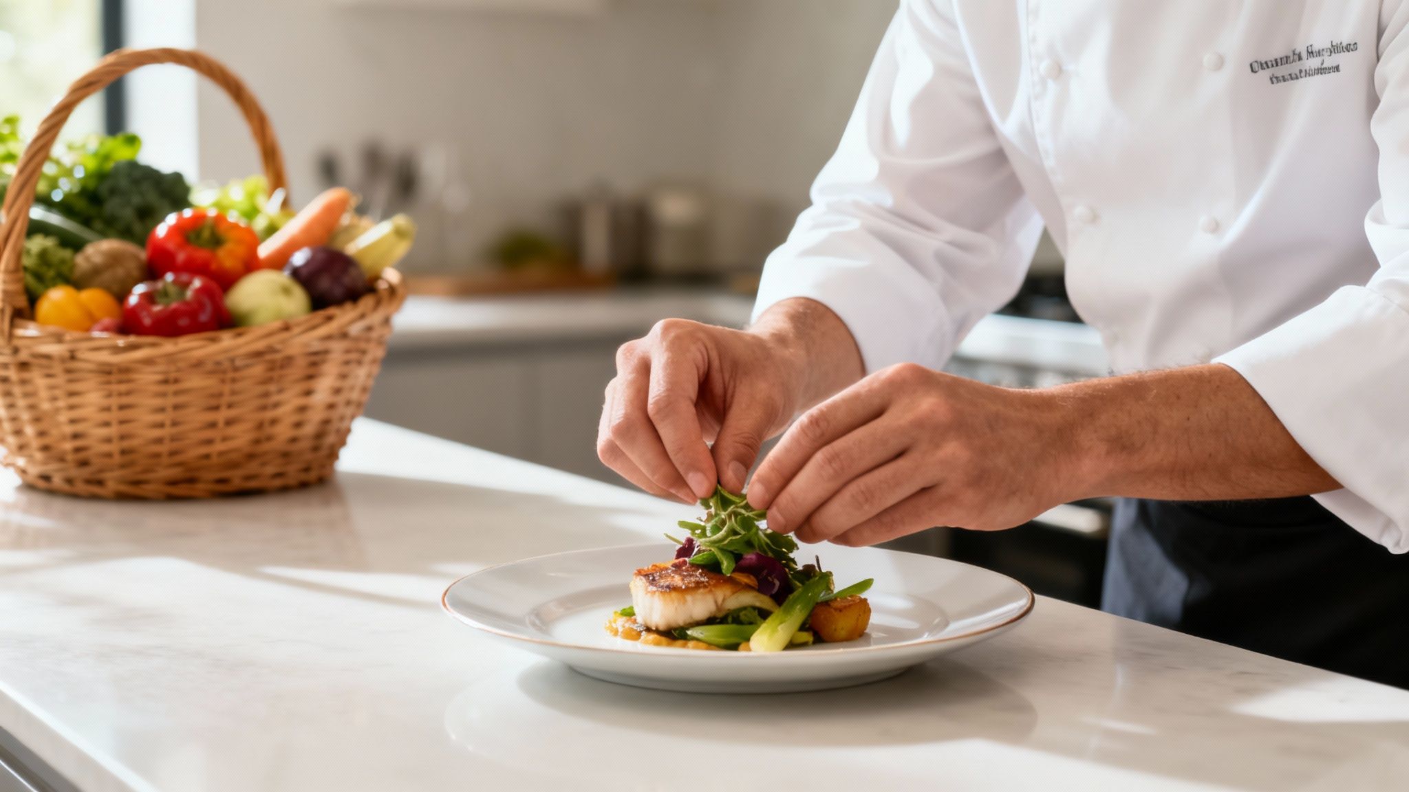 A chef's hands meticulously plate a gourmet dish on a white table, with a basket of fresh vegetables in the background.