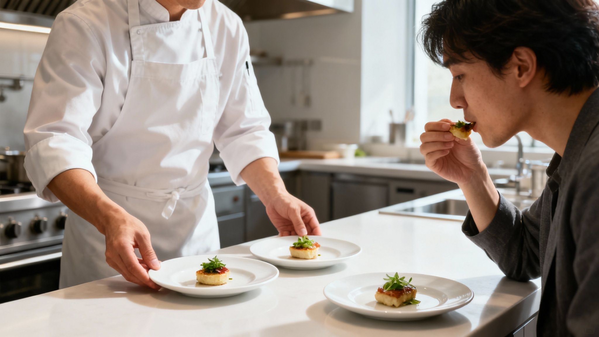 A chef and a client shaking hands in a bright, modern kitchen