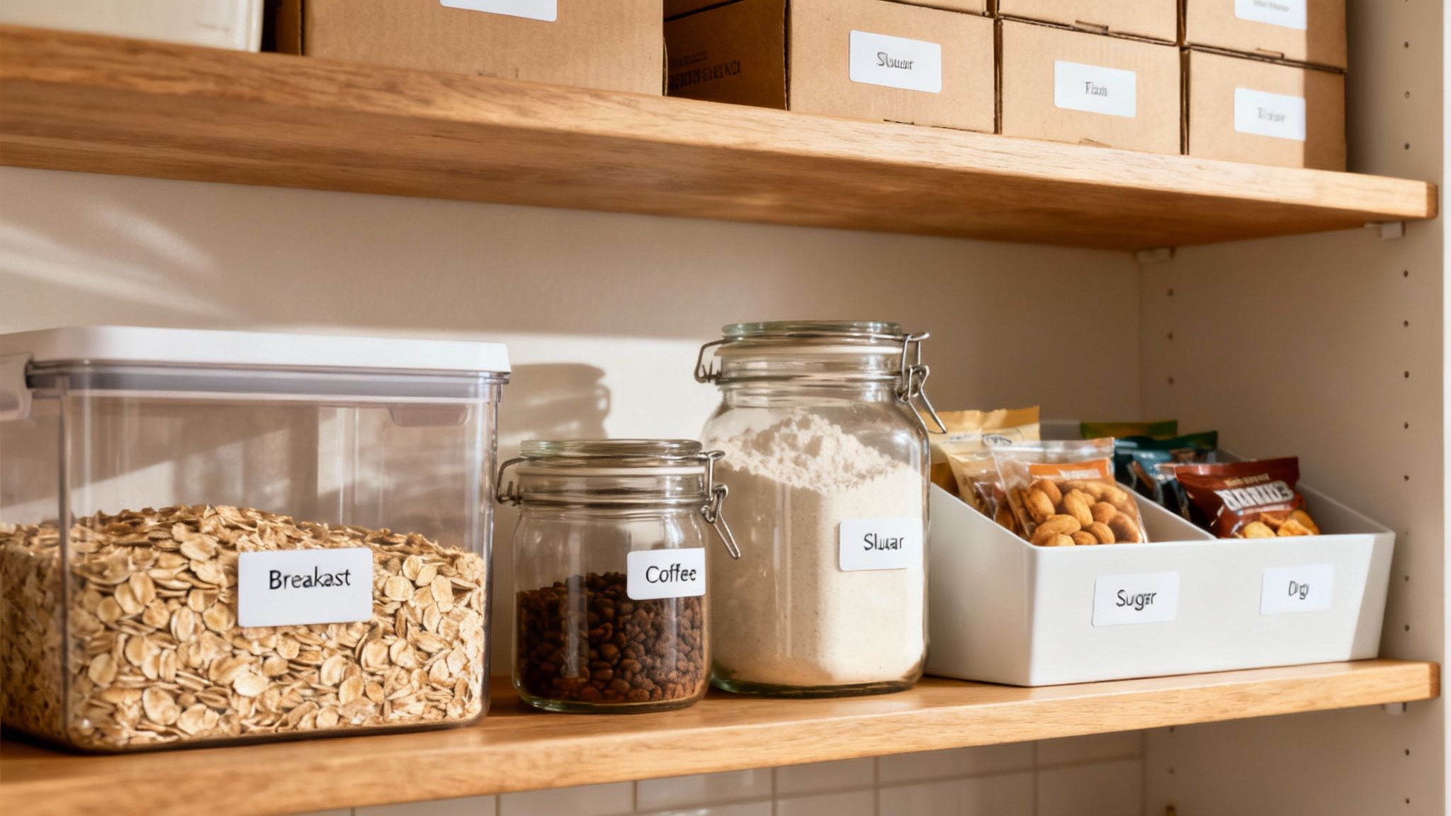Clear containers and labeled bins neatly arranged on pantry shelves.