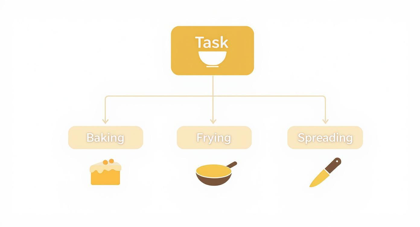 A diagram illustrating three cooking tasks: baking represented by a cake, frying by a pan, and spreading by a knife.