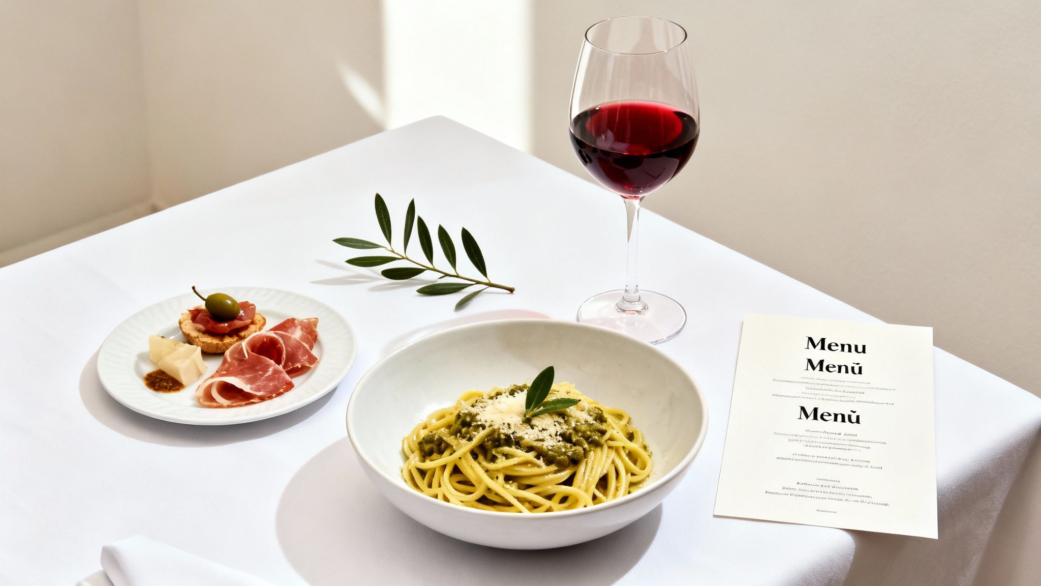 Delicious Italian meal featuring pesto pasta, cured meats, cheese, red wine, and a menu card.