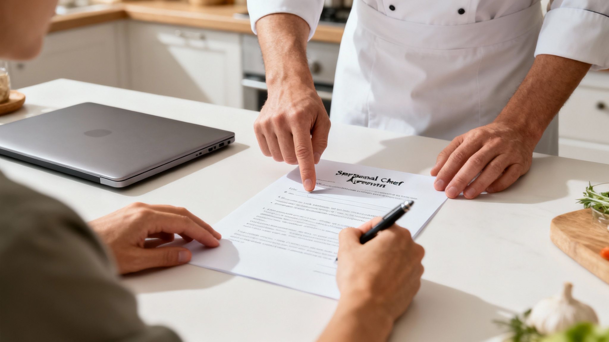 A personal chef and client smiling while reviewing a service agreement document at a kitchen counter.