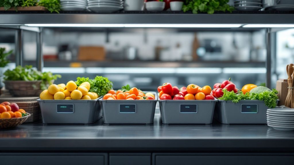 Fresh produce in smart inventory containers, including lemons, tomatoes, and greens, in a commercial kitchen setting, highlighting food waste reduction strategies.