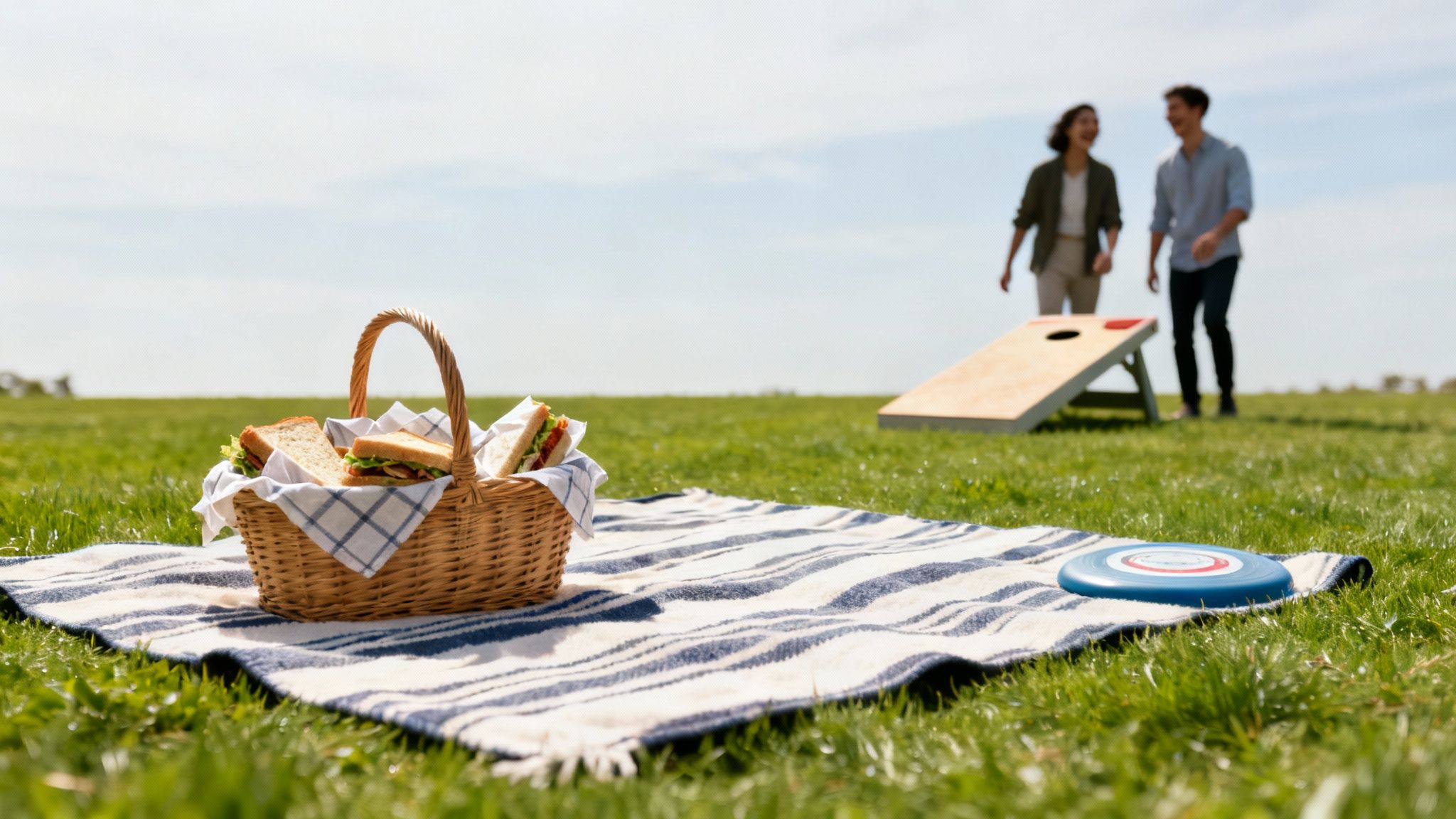 Picnic basket with sandwiches on striped blanket with people playing cornhole in outdoor park