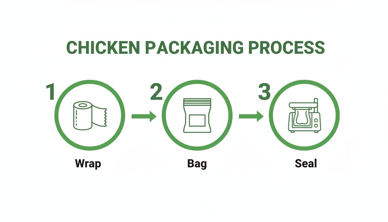 Infographic illustrating the three-step chicken packaging process: wrap, bag, and seal.