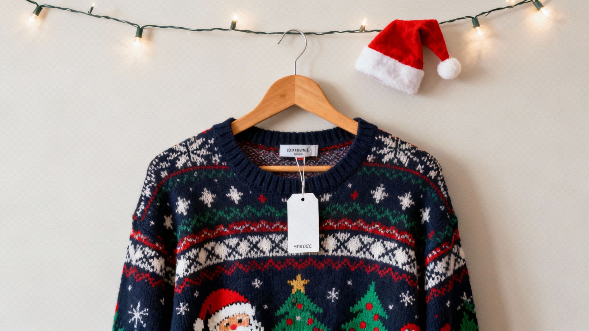 A festive Christmas sweater on a wooden hanger with a price tag, next to a Santa hat and string lights.