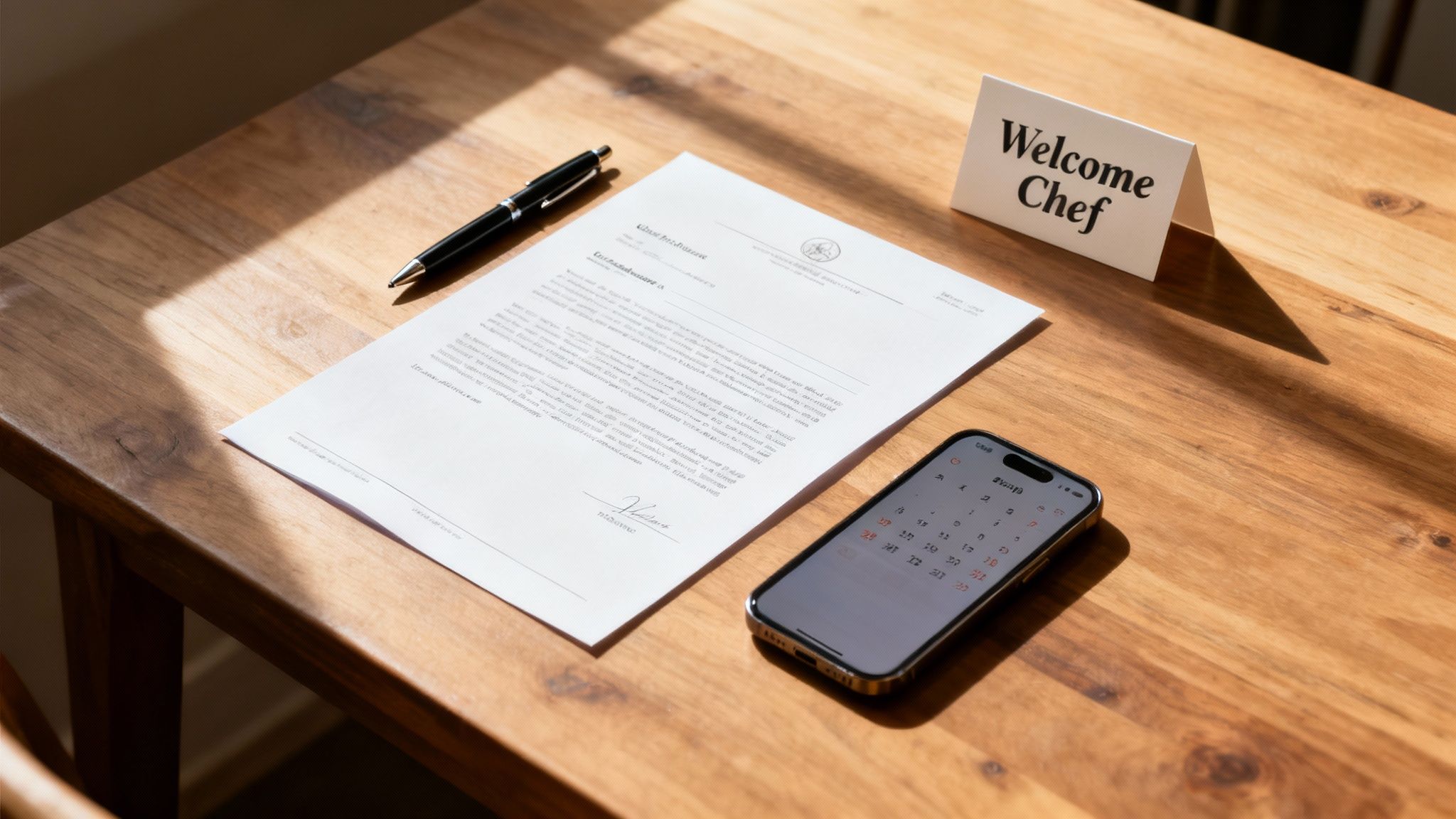 A chef and a client smiling as they shake hands over a kitchen counter.