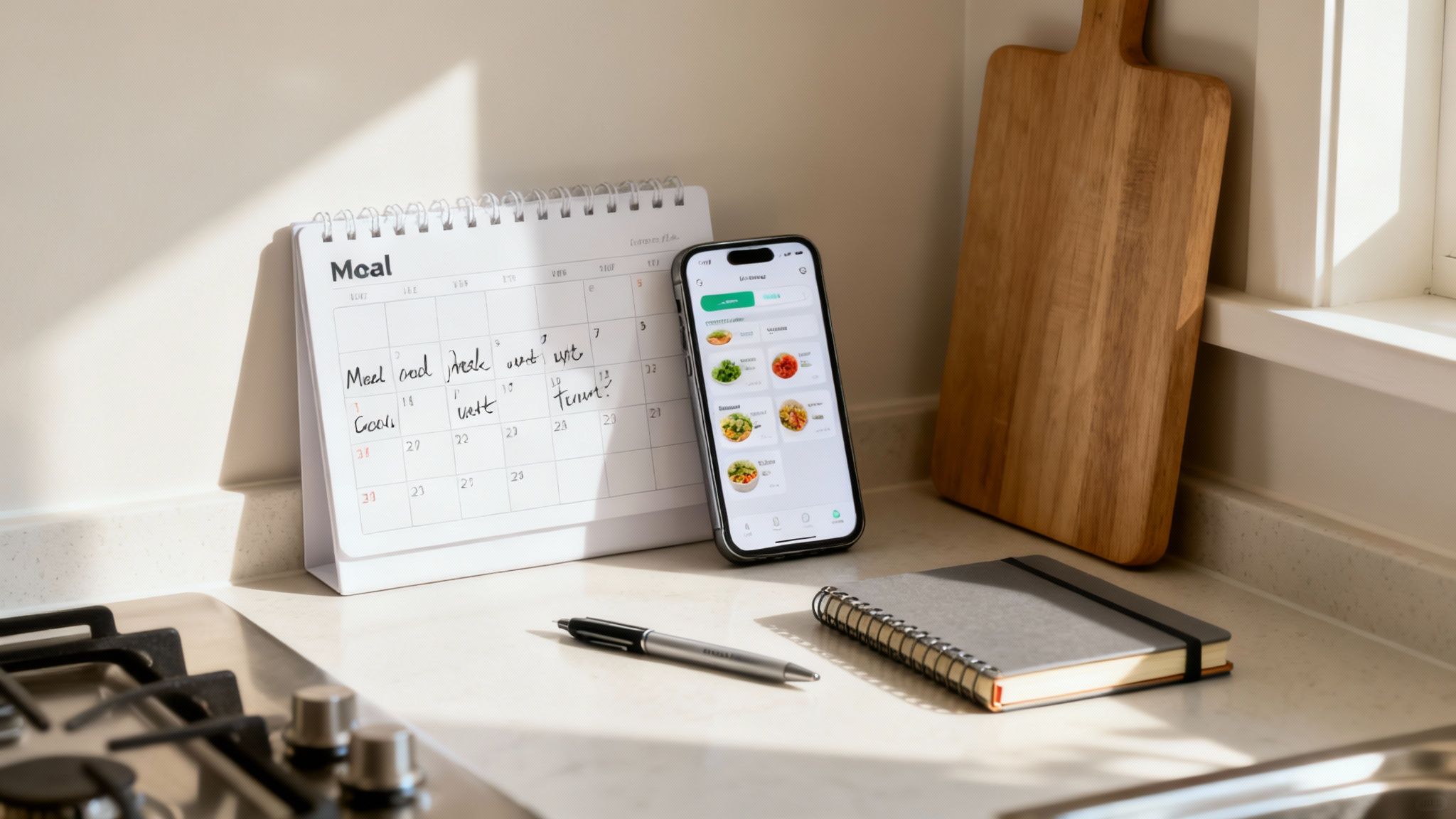 A person using a digital tablet in a kitchen to look up recipes for meal planning.