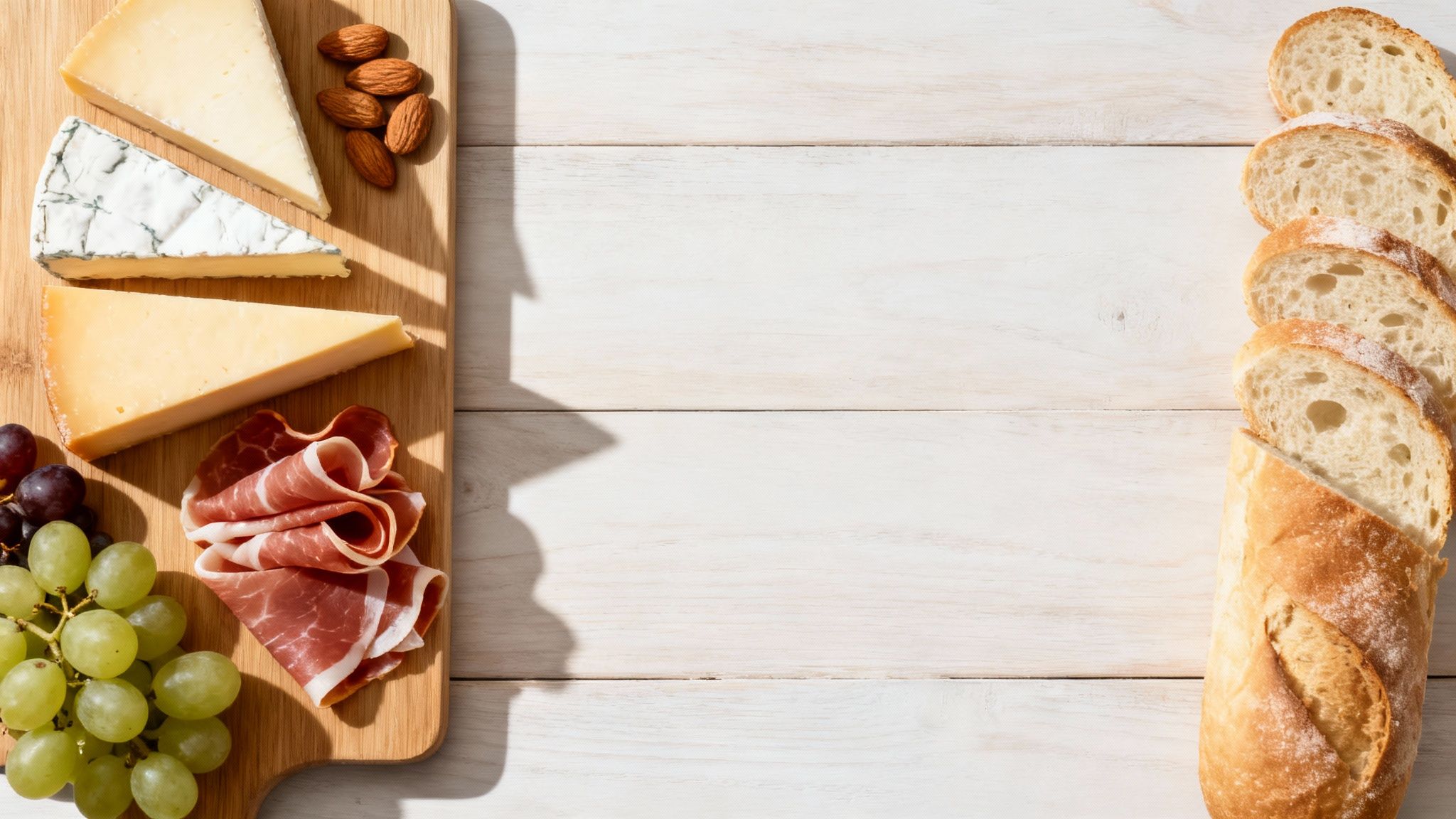 A cheese board with various cheeses, prosciutto, grapes, and almonds, next to a sliced baguette on a white wooden table.