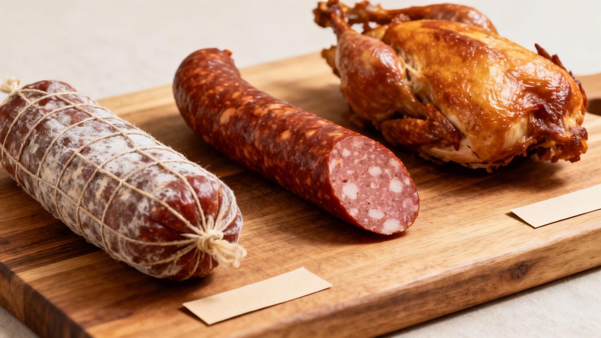 A variety of smoked sausages on a wooden cutting board