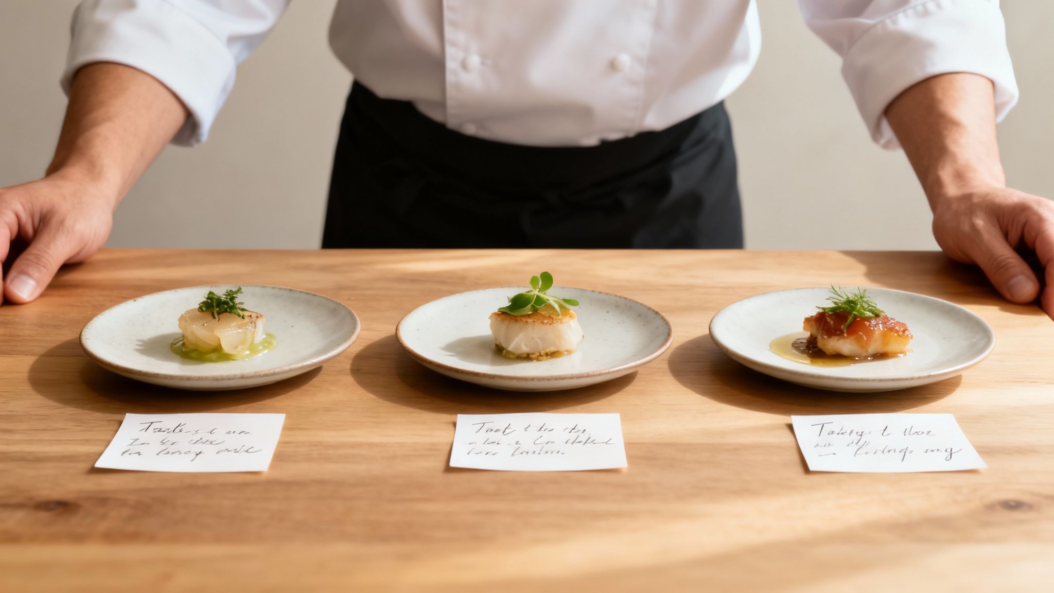 A chef presenting a beautifully plated dish during a menu tasting
