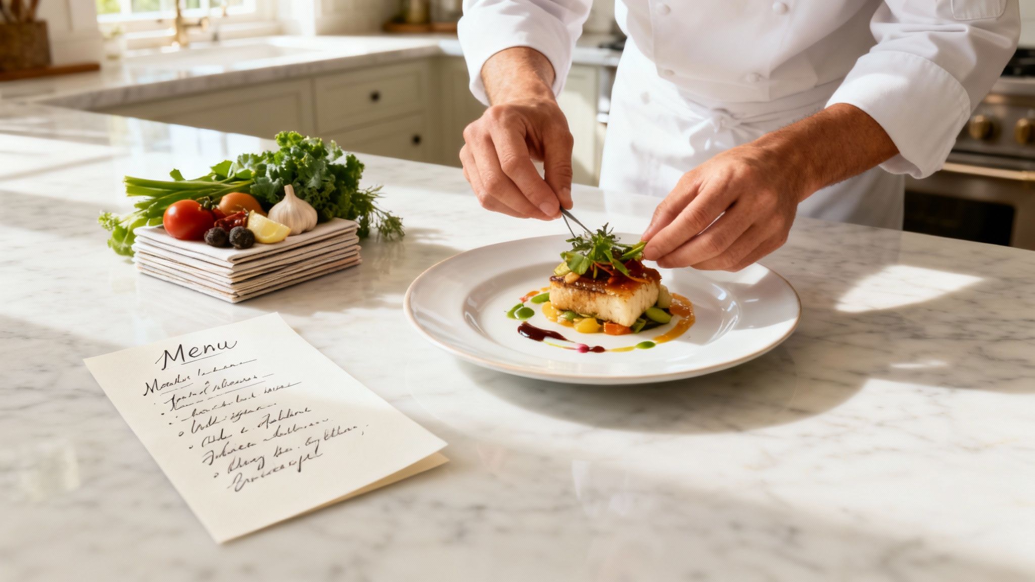 Professional chef in white uniform plating gourmet dish with fresh herbs in modern kitchen