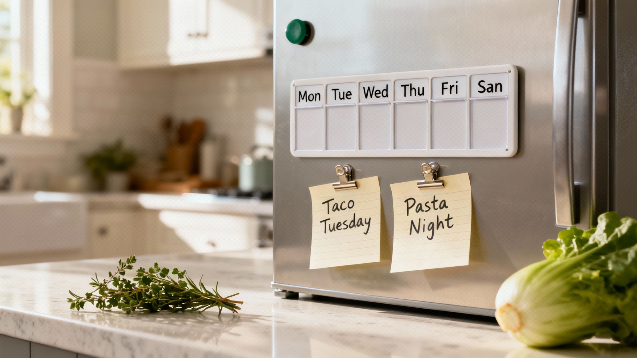 A person writing out a weekly meal plan on a notepad surrounded by fresh ingredients.