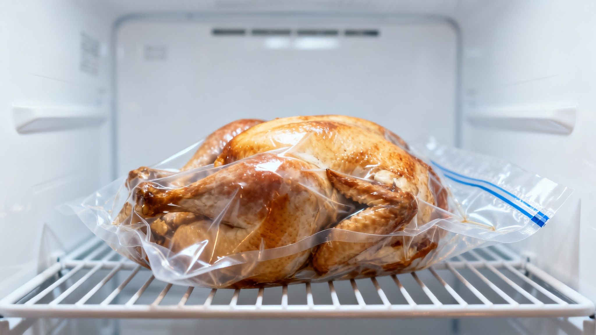 A golden brown roasted chicken in a clear sealed plastic bag on a refrigerator shelf.