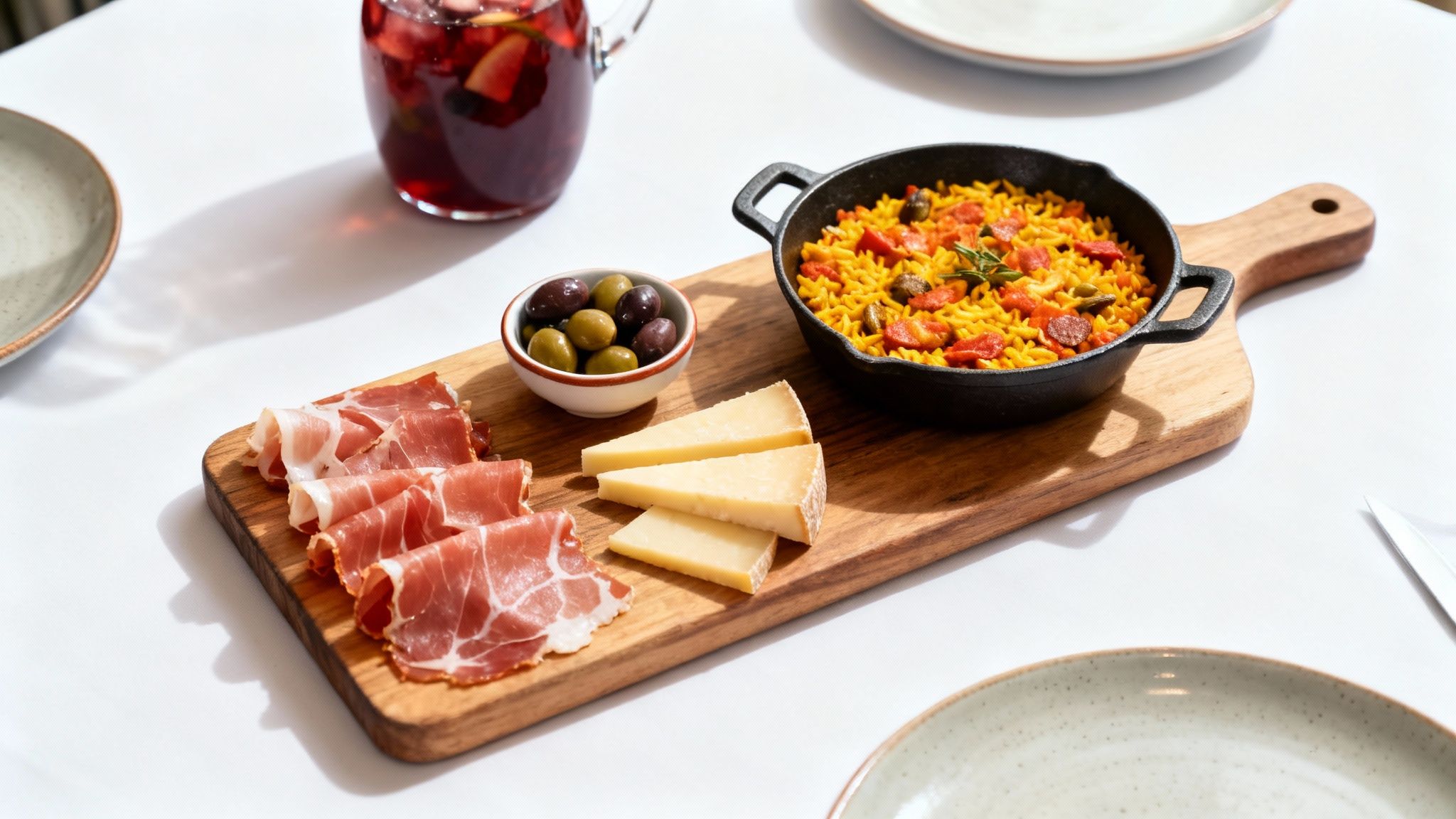 A delicious Spanish tapas spread on a white table with sangria, rice, ham, cheese, and olives.